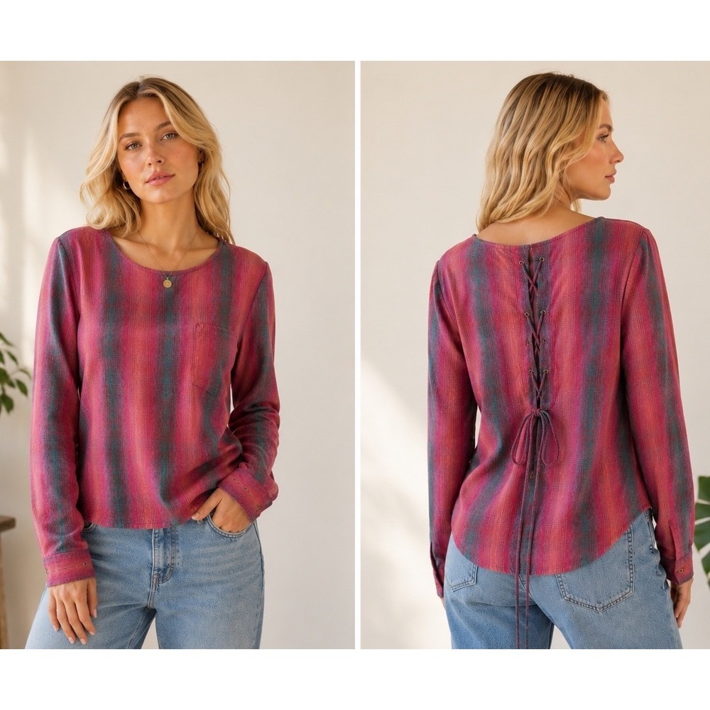 Cloth & Stone Pink Blue Striped Lace Up Back Long Sleeve Top Large Anthropologie